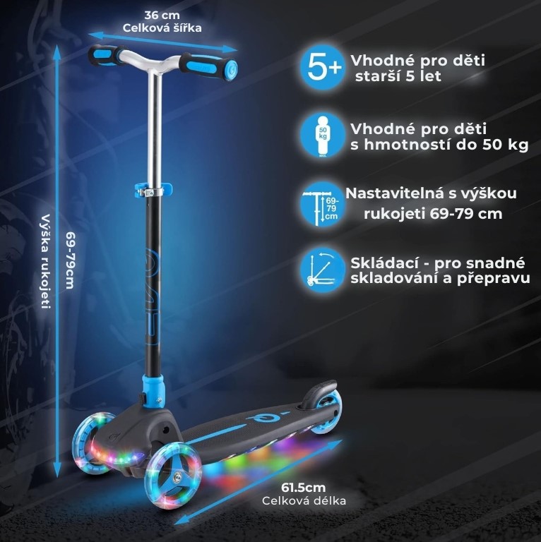 EVO Dětská skládací koloběžka se svítícím podvozkem černo modrá 1437742 2